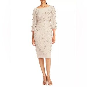 $895 Theia Women's Beige Jessa Bateau-neck Floral Applique‎ Midi Dress Size 4
